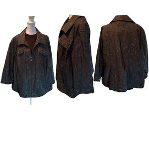 Peter Nygard Black Denim with Silver Sparkle Embroidered Detail Jacket Size 22